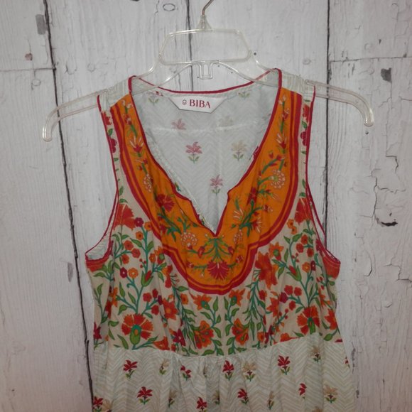 BIBA  Size 38 Boho Loose Blouson Peasant Dress Pleated Floral 100% Cotton 3559 - Picture 8 of 13